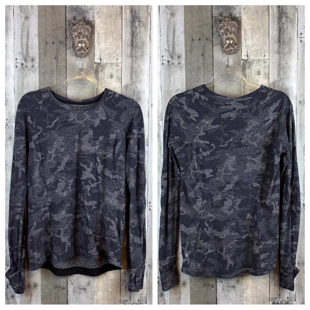 Lululemon Runderful Long Sleeve in Incognito Camo HTR Black Size 12.